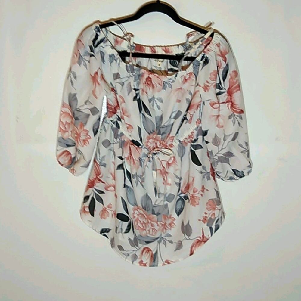 Mint of Blush Women's Size Small Floral Watercolor Blouse Cinched waist Simple